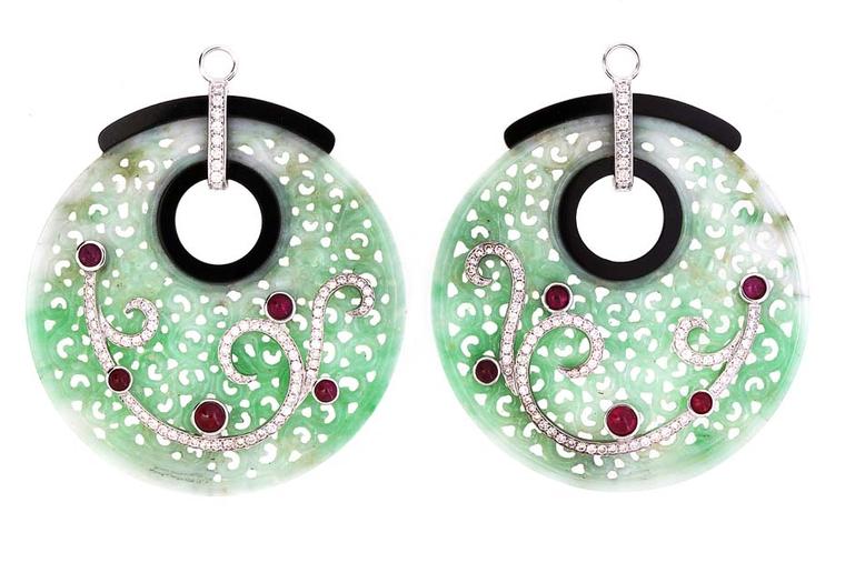 Edward Chiu's beautiful green jadeite, black jade, ruby and diamond earrings in white gold.